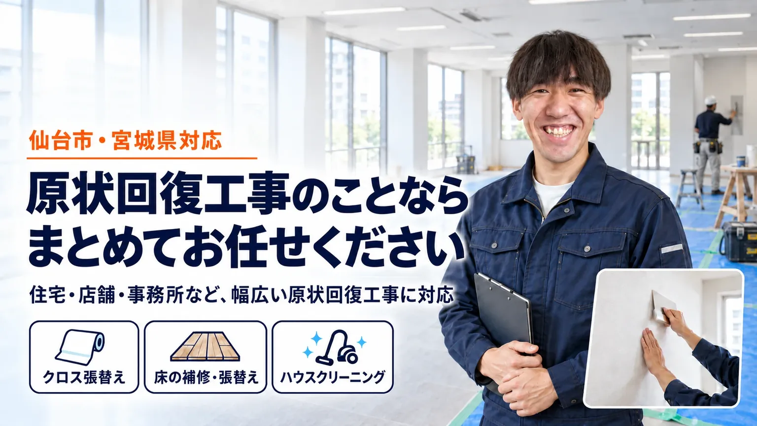 原状回復工事のことならまとめてお任せください。仙台市・宮城県対応。住宅・店舗・事務所など幅広い原状回復工事に対応(クロス張替え・床の補修・張替え・ハウスクリーニング)