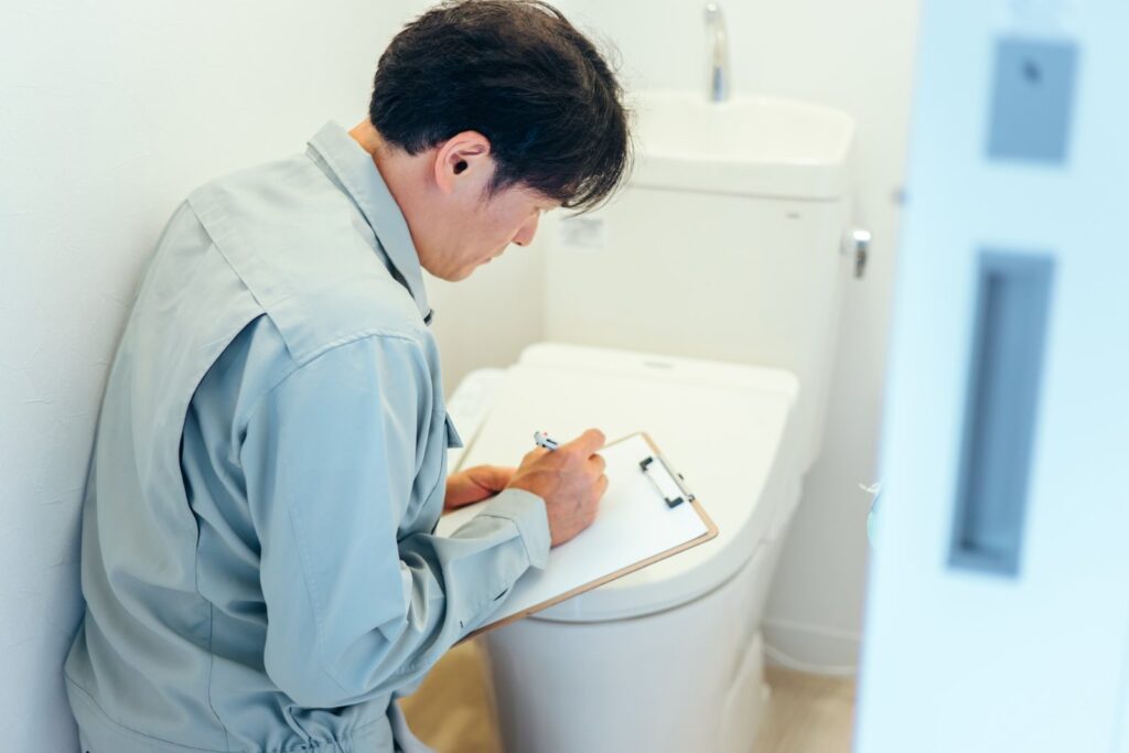 トイレを点検する作業着の男性