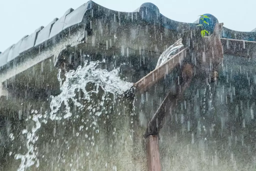 破損した雨樋からあふれる雨水